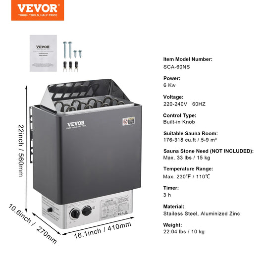Succebuy Sauna Heater 3/4.5/6/9KW 220V Electric Sauna Stove Steam Bath Sauna Heater for Max. 317-459 Cubic Feet Home Hotel Spa