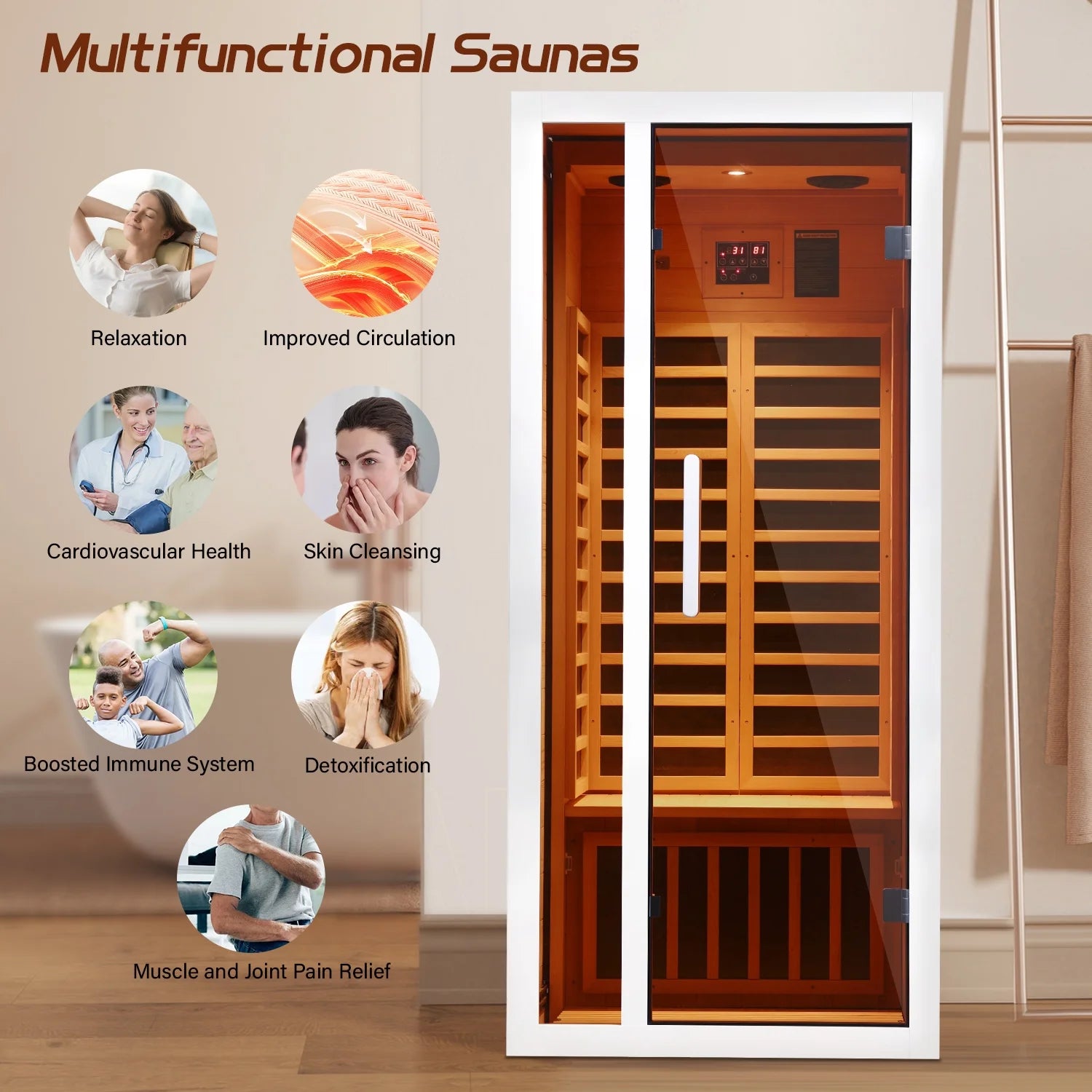 1 Person Extendable FAR Infrared Sauna for Home, Hemlock Wood Low EMF 6 Carbon Heaters Indoor Saunas with LED Lights, Bluetooth Speaker, Digital Control Panel, and Seating Bench